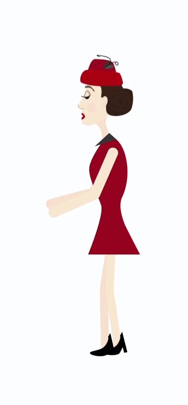 cartoon gif of woman in red dress walking