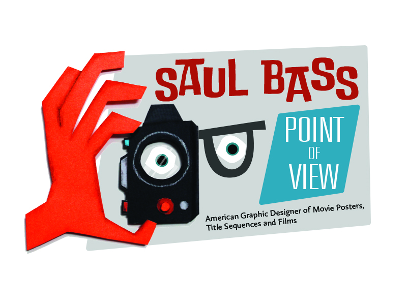 Saul Bass style hand holding a camera over his glasses in cut paper, Saul Bass Point of view
