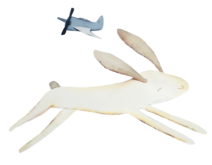 paper cutout of rabbit and a vintage airplane