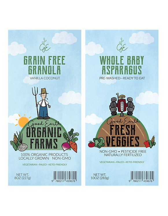 good earth product labels for granola and asparagus