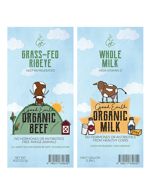 good earth product labels for ribeye and milk