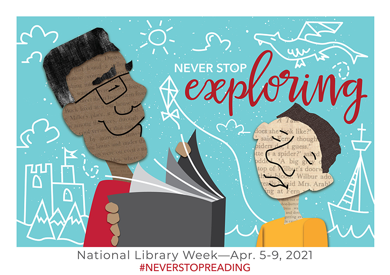 posters for National Library week with people reading books