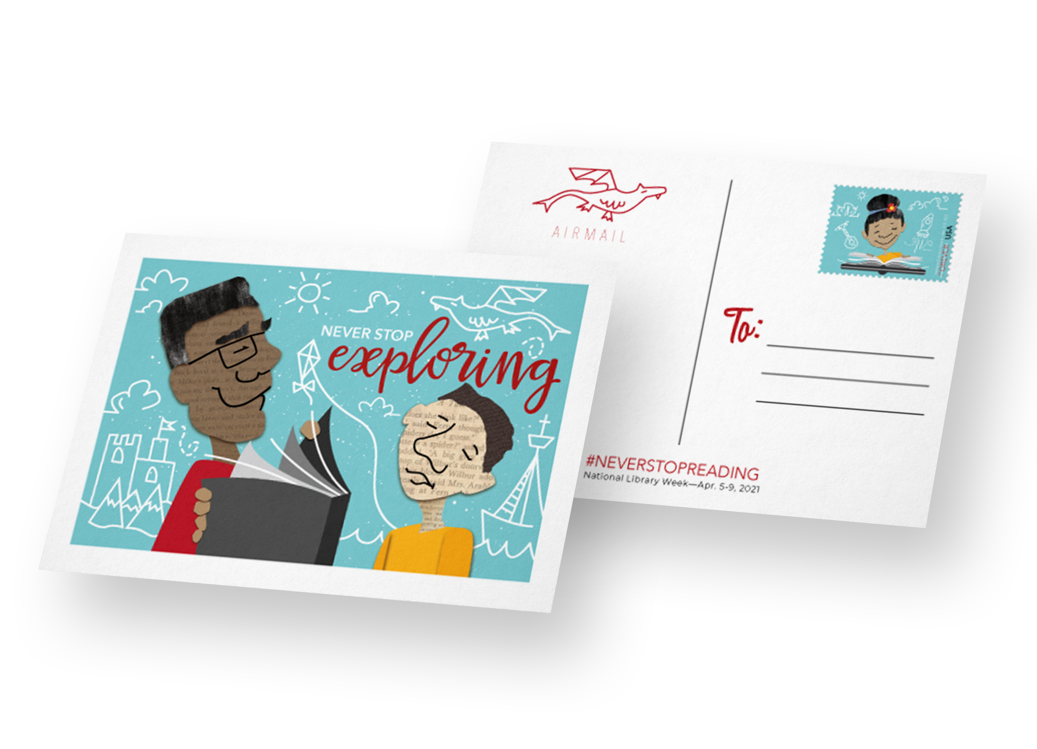postcard front and back with man reading to a boy