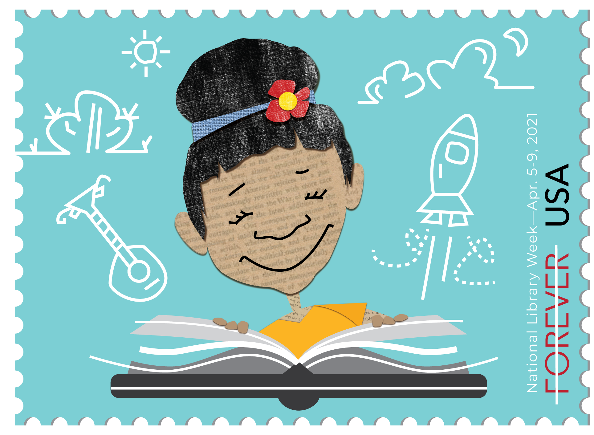 stamp with a little girl reading a book