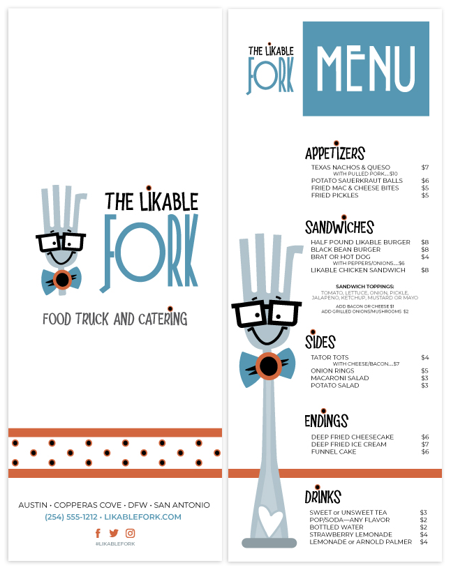 likable fork menu front and back