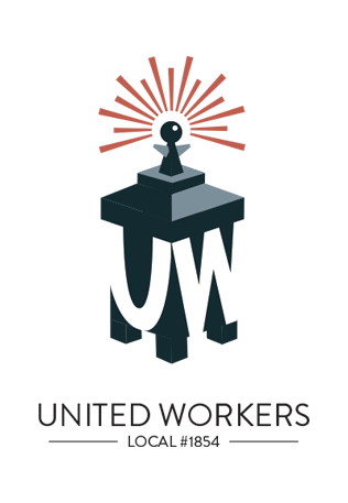 United Workers logo in blue and red, retro signal tower with letters UW