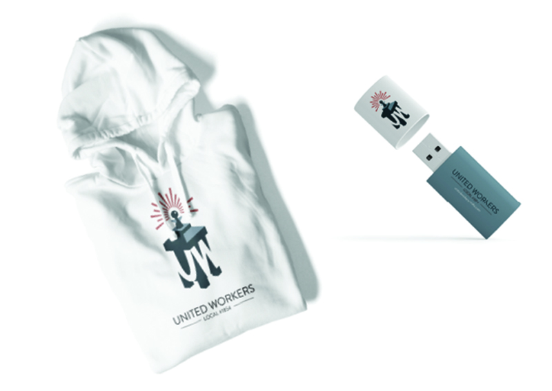 united workers sweatshirt and thumbdrive with logo
