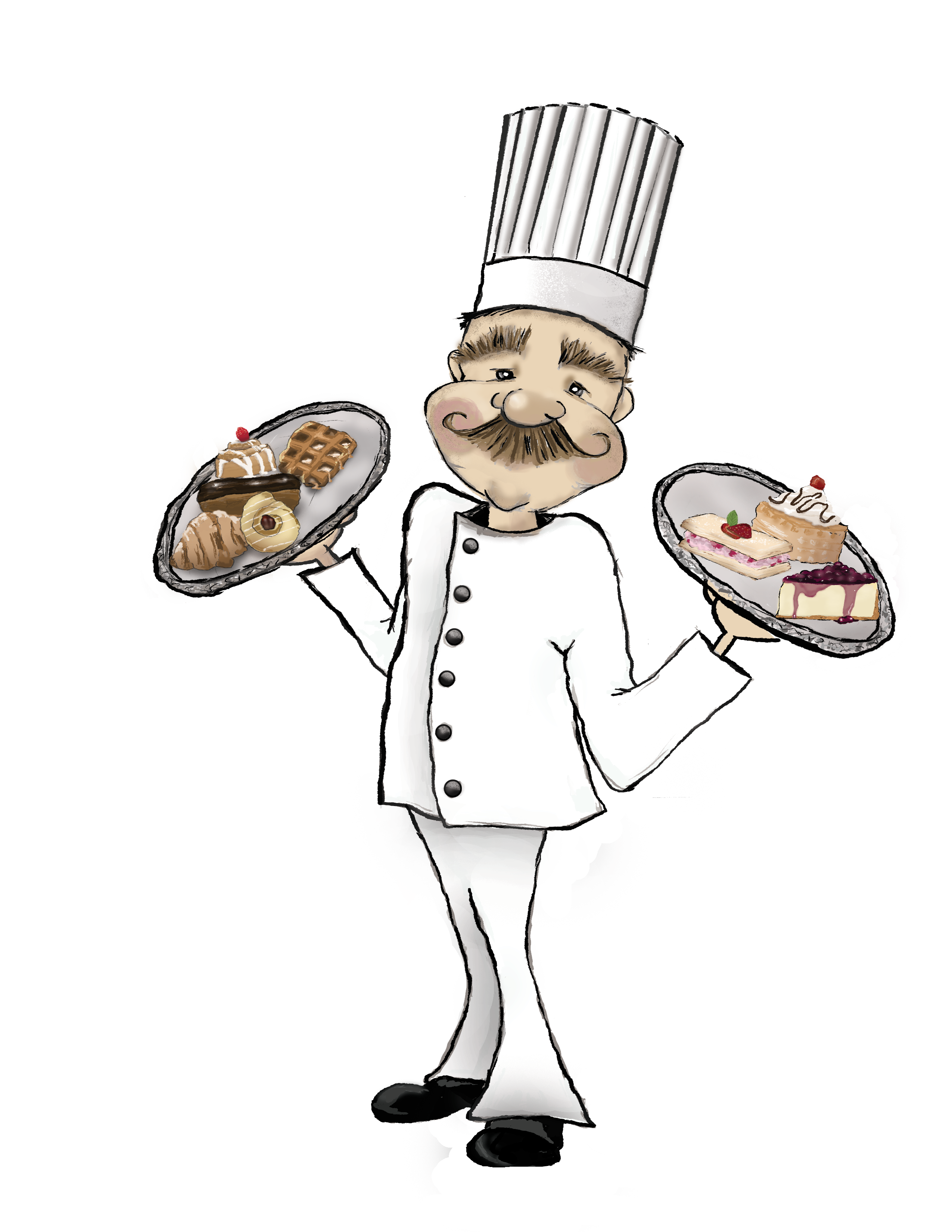 cartoon chef smiling holding pastry trays