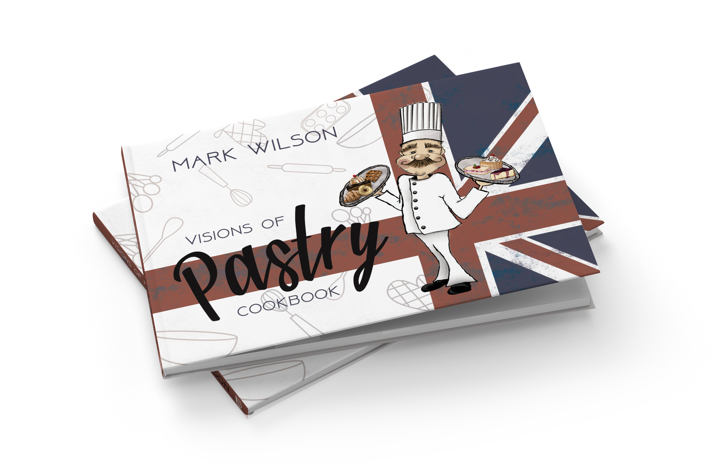 cookbook cover with cartoon chef holding pastries